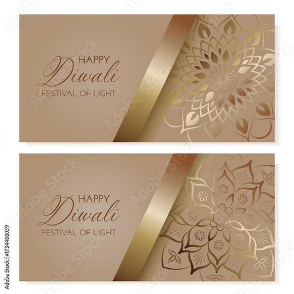 Fototapeta Set of Diwali celebration cards with golden rmandala and golden ribbon  in flat style. Deepavali vector illustration for print and online projects