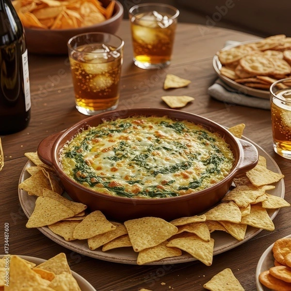 Fototapeta Baked spinach artichoke dip with melted cheese and tortilla chips, cozy comfort food scene for game day snacks, party spreads, or casual dining promotions