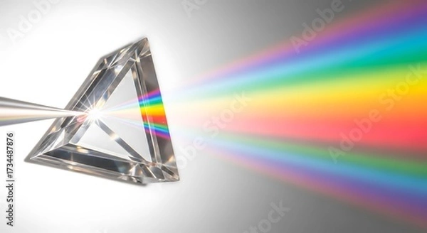 Obraz A prism disperses white light into a spectrum of colors creating a rainbow effect on a graywhite background