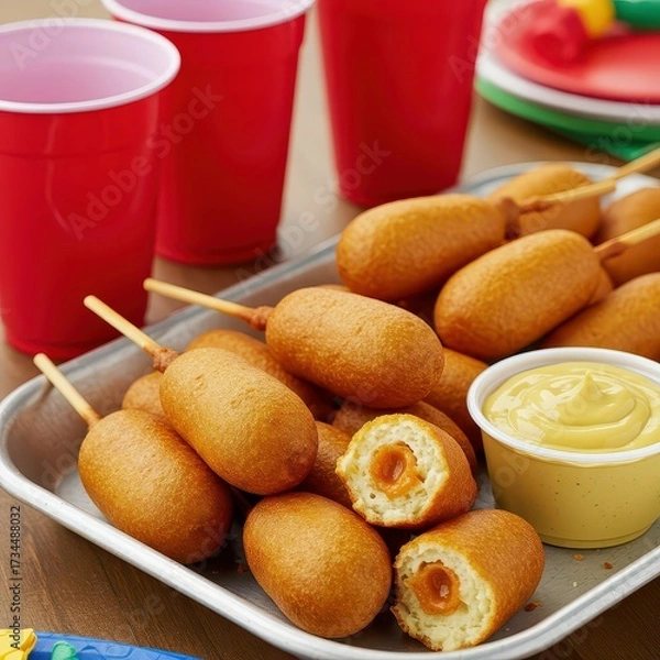 Fototapeta Classic corn dogs on tray with yellow mustard, red solo cups in background, perfect for fair food, party snacks, American cuisine, or childhood comfort food content
