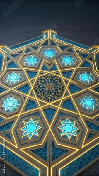 Fototapeta Intricate geometric pattern of glowing blue and gold stars and hexagons on a dark background