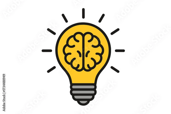 Obraz Bright idea icon with a brain inside a light bulb. Concept for creativity, innovation, brainstorming, and intelligence. Metaphor for knowledge, solution, and discovery vector.