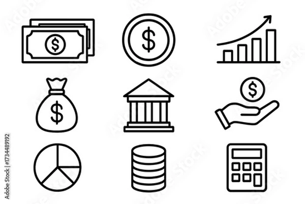 Obraz Business and finance line icon set. Banking, investment, currency, savings, profit, growth chart, accounting, calculator, and payment concepts. Vector dollar symbols for web.