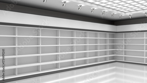 Fototapeta Store interior with empty shelves along the walls and LED spotlights ceiling. 3d illustration