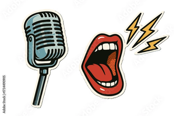 Fototapeta Retro music sticker set. Vintage microphone, shouting mouth, lightning bolts. Pop art vector illustration. Concept for concert, karaoke, podcast, broadcast, rock and roll, protest.