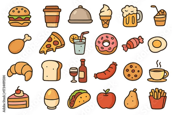 Obraz Food and drink doodle icon set. Vector cartoon illustration collection. Fast food, restaurant menu elements. Burger, pizza, coffee, beer, dessert, fruit symbols for graphic design.