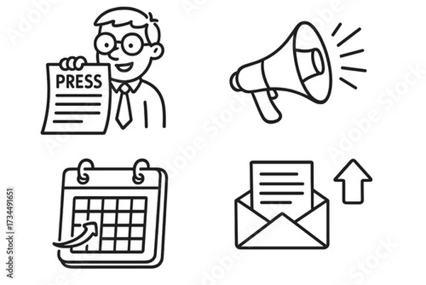 Obraz Press release icon set for PR and media communication. Vector line art illustration of journalist, megaphone announcement, publication schedule and news submission concept.