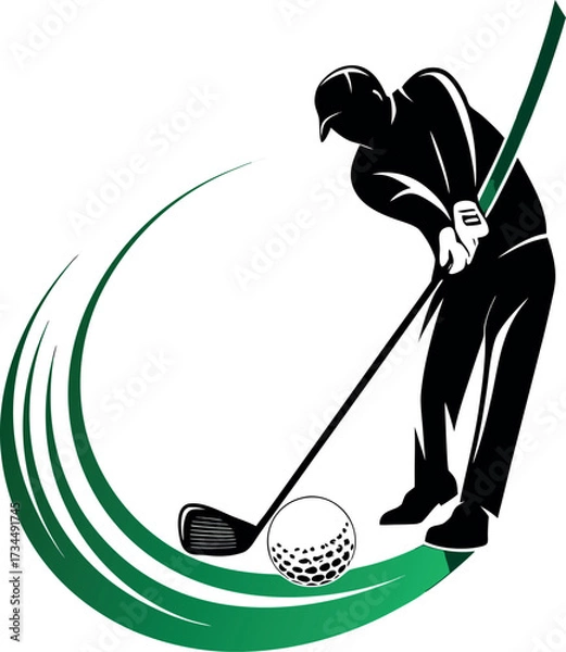 Obraz Silhouette vector illustration of a woman golfer putting a golf ball into a hole on the course