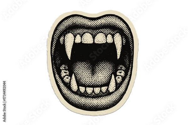 Fototapeta Vampire open mouth with fangs for Halloween. Horror monster teeth scream. Retro halftone dot illustration in 90s zine collage paper cutout style. Vector cartoon graphic.