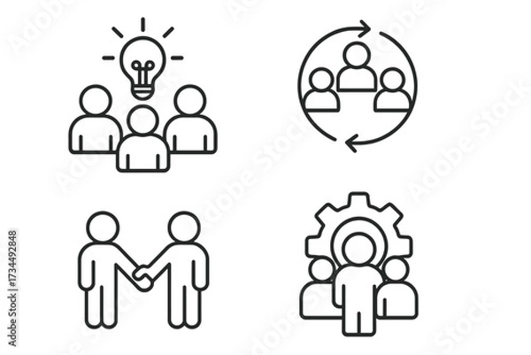 Obraz Teamwork and collaboration icons, business people support and cooperation symbols set, vector line style illustration for teamwork concept, partnership and group work design