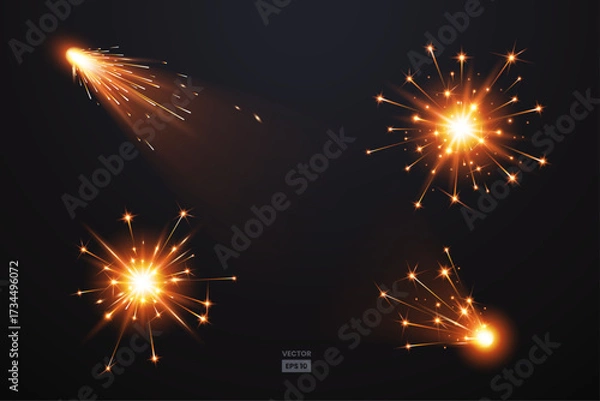 Fototapeta Vector set of glowing sparkler effects with bright golden light, firework bursts, and sparkling trails on dark background, perfect for New Year, Christmas, celebration, and festive design projects.