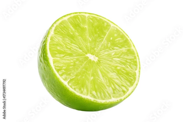 Fototapeta Vibrant half of a fresh green lime showing juicy pulp and zest against a stark black background