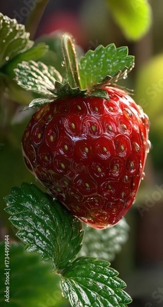 Obraz Ripe red strawberry on vine with green leaves, close up