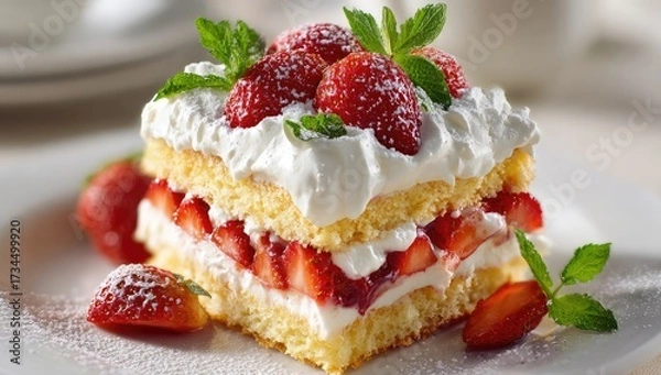Obraz Strawberry shortcake layers with cream and mint garnish