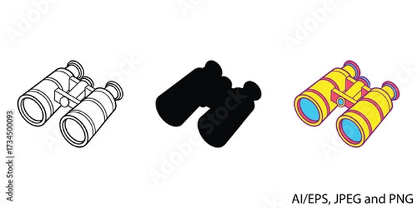 Fototapeta Binoculars icon collection three styles line art silhouette color for general use vector