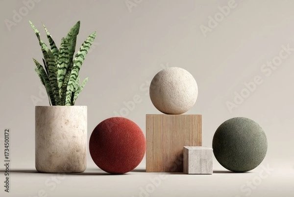 Obraz Still life plant, spheres, cubes, simple, neutral background