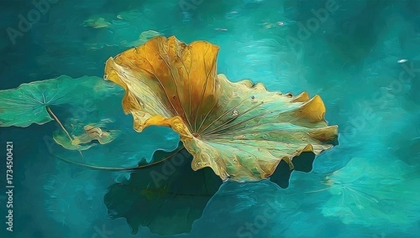 Obraz Golden lotus leaf on teal water