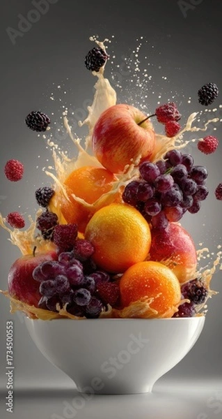 Obraz Fruit exploding from bowl, splash, grapes, apples, oranges