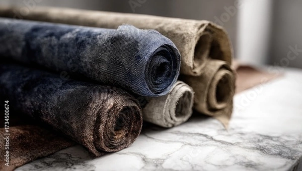 Obraz Rolled textured textiles in neutral blues/browns on marble