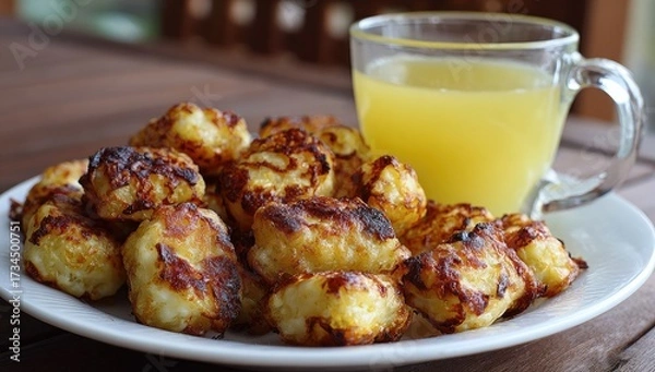 Obraz Golden brown fried cauliflower beside bright juice
