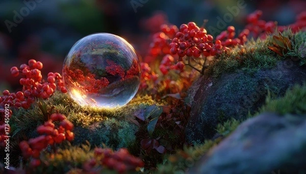 Obraz Orb rests among berries, mossy rocks, reflection inside