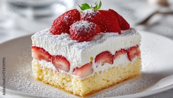 Obraz Strawberry shortcake slice, layered, dusted with sugar
