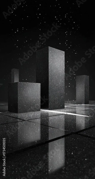 Obraz Dark, abstract cityscapes.  Gray cubic structures reflected on a polished surface at night