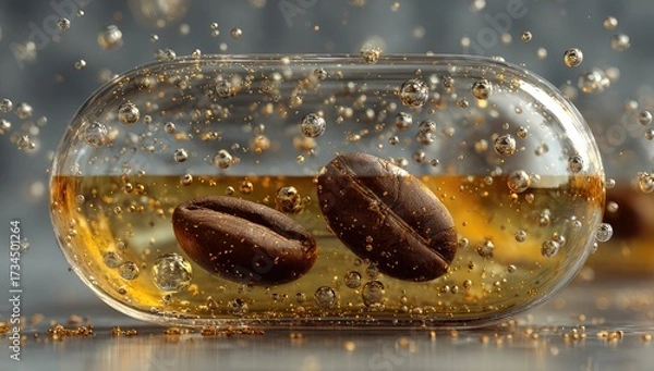 Obraz Coffee beans in capsule, oily liquid, floating bubbles