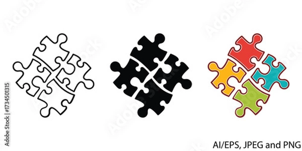 Fototapeta Four connected puzzle pieces representing business solutions teamwork strategy and collaboration vector
