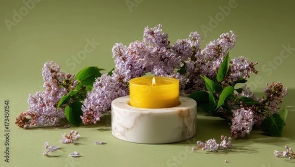 Obraz Lit candle encircled by lilacs on green backdrop
