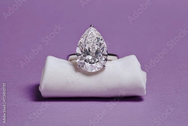 Obraz Pear-shaped diamond ring sits on a white cloth, purple backdrop