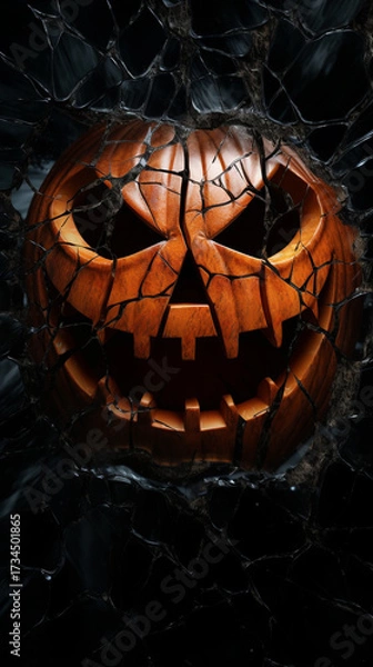Fototapeta A menacing jackolantern with a cracked surface and an ominous expression peers out