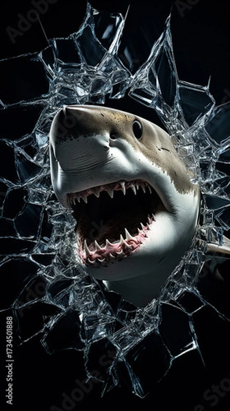 Fototapeta A great white shark bursts through shattered glass with menacing teeth and power
