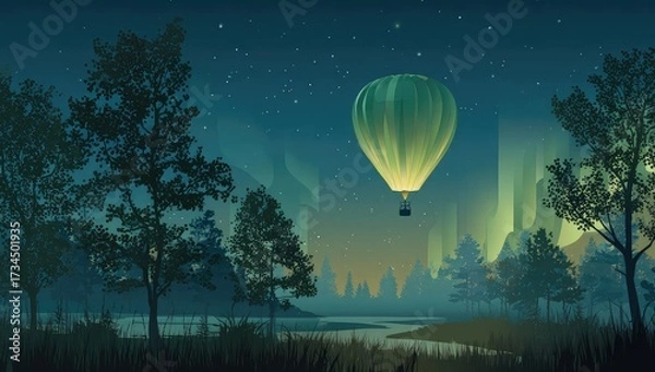 Obraz Night scenery balloon over a lake, aurora, stylized trees