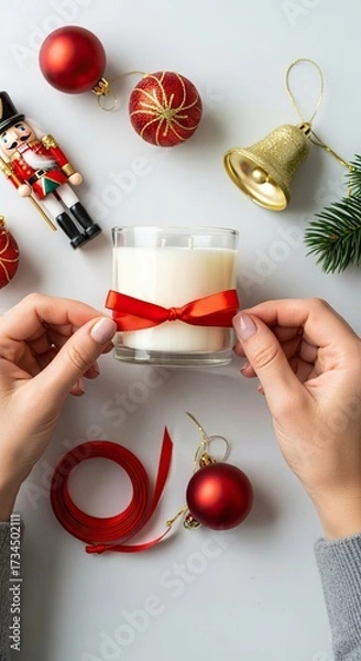 Fototapeta A cozy festive scene featuring hands holding a candle adorned with a red ribbon, surrounded by holiday ornaments and decorations.