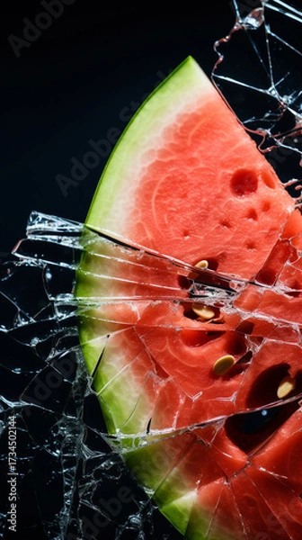 Fototapeta A slice of watermelon is seen through a broken glass on a dark background