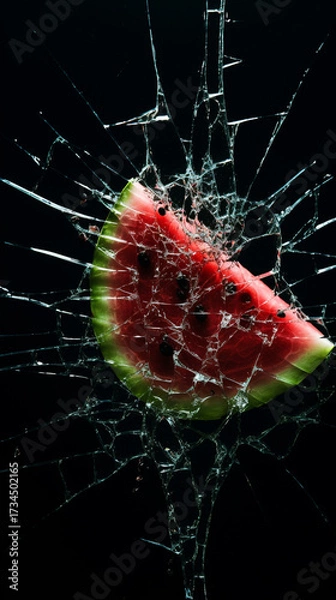 Fototapeta A slice of watermelon is seen through a broken glass on a black background