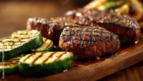 Obraz Grilled steak and zucchini on wood