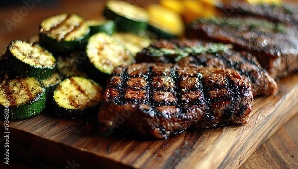 Obraz Grilled steak and zucchini on wooden board, ready to serve
