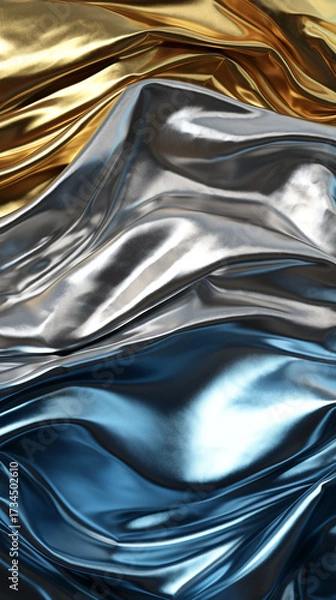 Fototapeta Closeup of shimmering metallic fabric in gold, silver, and blue tones, creating a luxurious texture