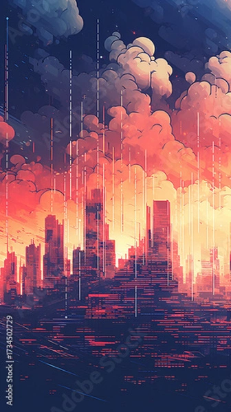 Fototapeta A vibrant cityscape silhouette against a dramatic sunset sky, with glowing lights