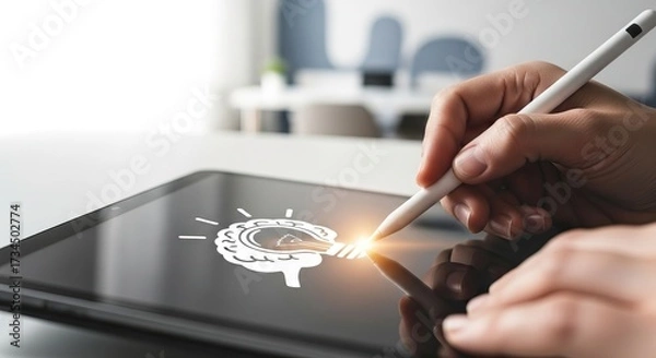 Fototapeta A hand using a stylus to draw a brain illustration on a tablet screen, showcasing creativity and digital design.