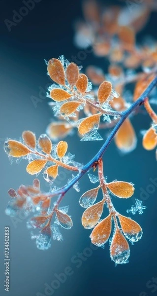 Obraz Frosted leaves on branch, soft blue background