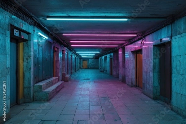 Obraz Neon-lit corridor with doorways, cool cyberpunk aesthetic