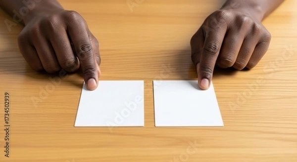 Fototapeta Economic recession, simplicity value, Two hands point at two blank white cards mockup on a wooden table, suggesting a decision comparison.