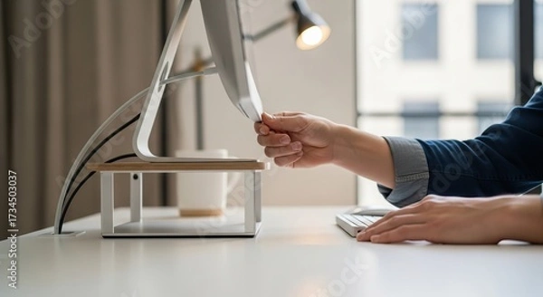 Fototapeta Economic recession, simplicity value, A person adjusts a modern computer monitor on a stylish desk, emphasizing a sleek workspace with a minimalist aesthetic.