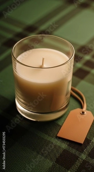 Fototapeta A simple glass candle sits on a textured green surface, featuring a tag for labeling or branding.
