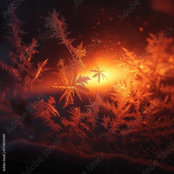 Obraz Ice crystals form on a pane, with orange light behind