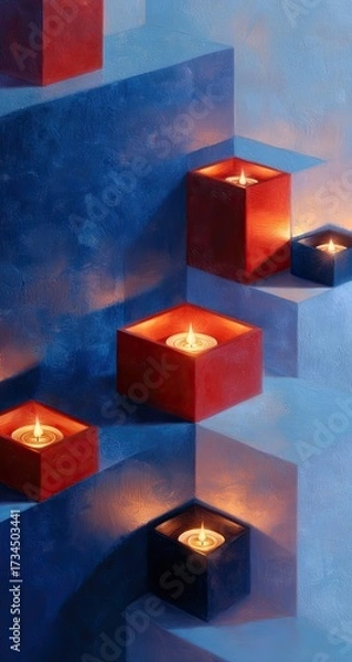 Obraz Red and blue cube candle holders on steps