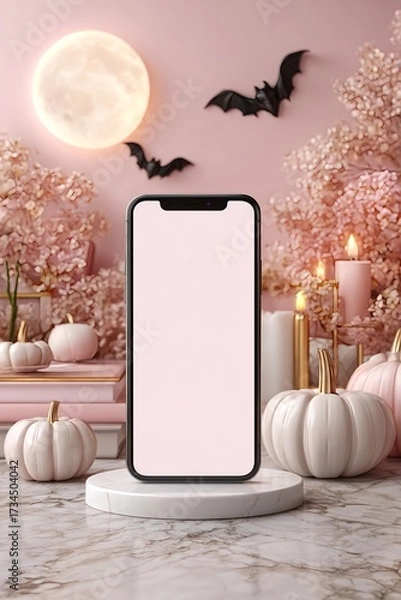 Fototapeta Smartphone with blank screen on stand surrounded by pastel pumpkins, candles, bats, and full moon. Elegant Halloween mockup with soft decorative background